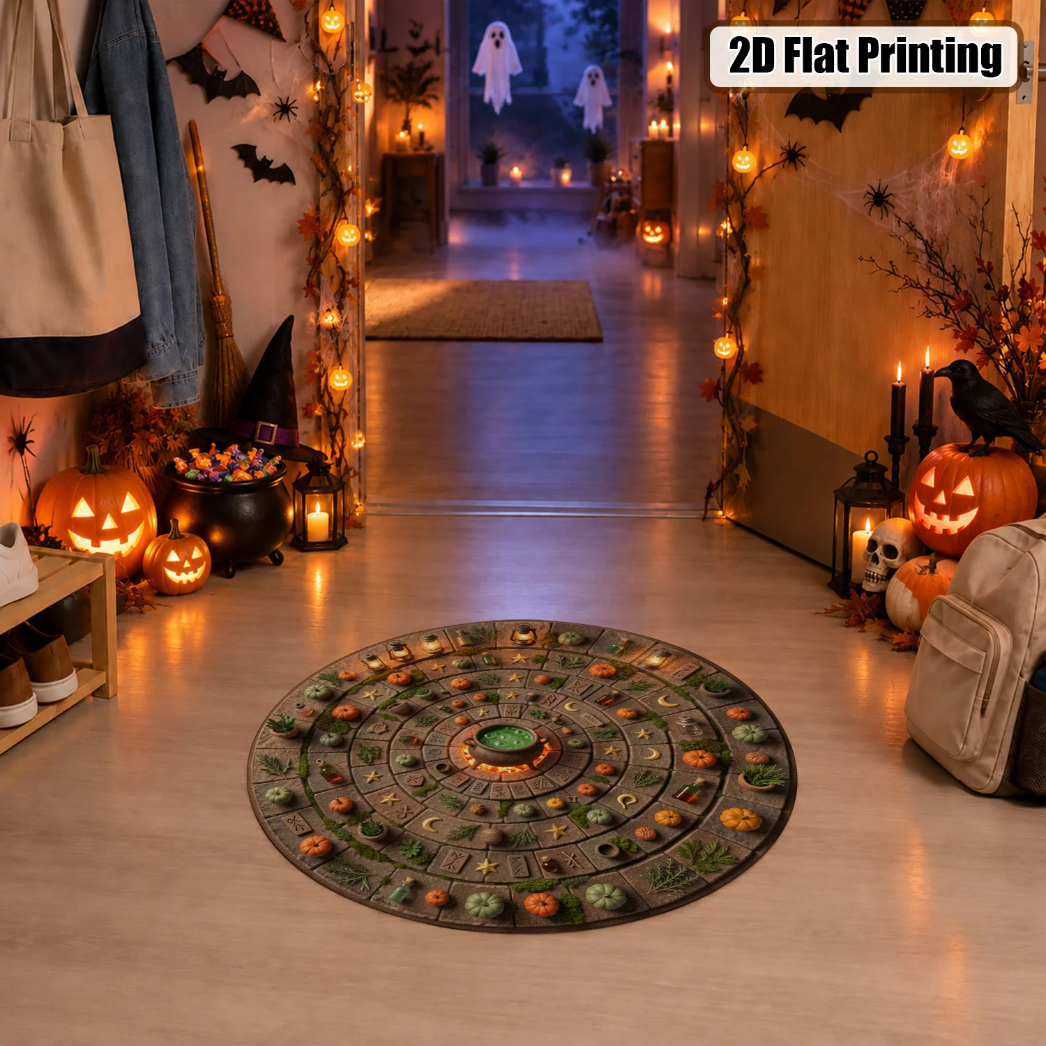 Magical Witchcraft Circle Pattern Round Velvet Decorative Mat Machine Washable for Living Room Dining Room Entryway Halloween Thanksgiving Black Friday Christmas New Year Home Decor