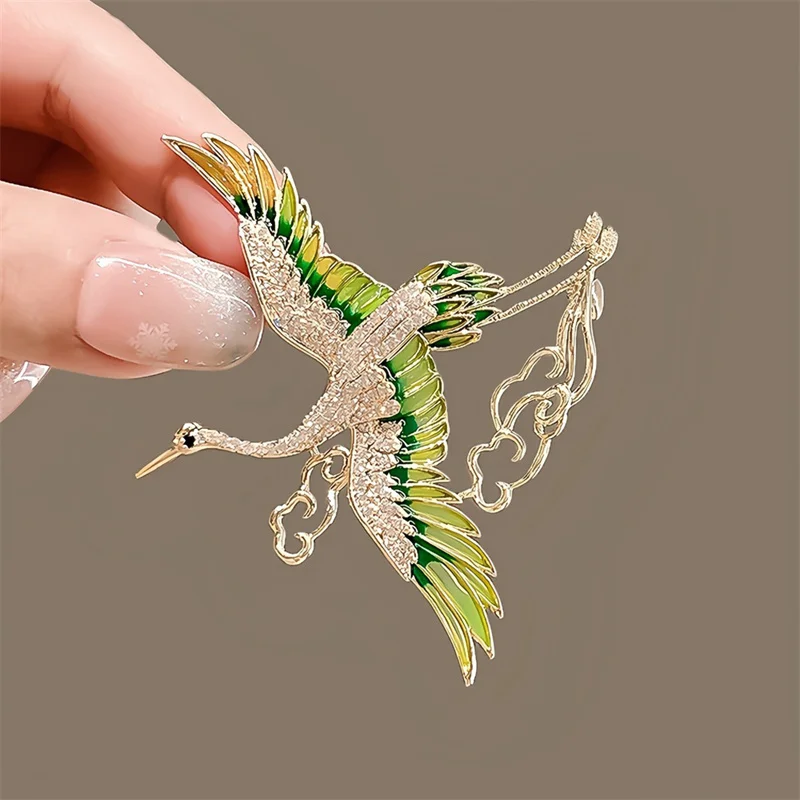 النمط الصيني أنيقة حجر الراين الأخضر المينا أجنحة كرين الغيوم دبابيس للنساء الفتيات تحلق الطيور التلبيب دبابيس مجوهرات الحفلات #5