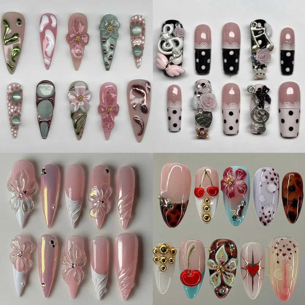 

10Pc 3D Flowers Smudging Almond Long Square Handmade Press On Nails Wave Point Hand-Drawn Golden Note Lace Bowknot Holiday Gifts