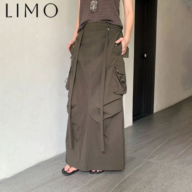 

LIMO Tie Waist Cargo Skirt Back Slit Pockets Casual Elegant Minimalist Solid Color Spring Summer 2025 New Fashion Trendy