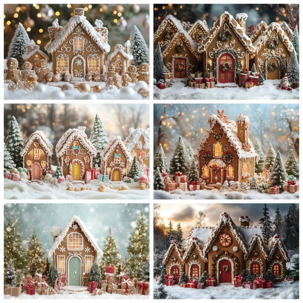 Fondo de fotografía con temática navideña de casa de jengibre, vista de nieve, dulces y galletas, para fiestas de Navidad y decoración del hogar