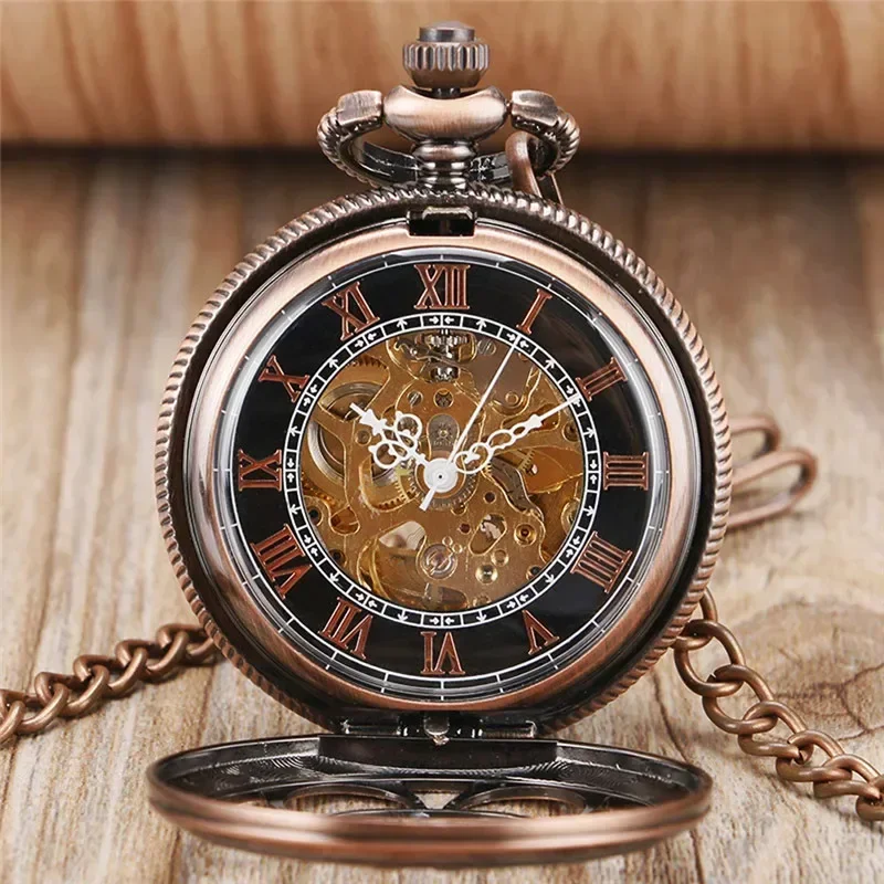 Vintage Hollow Out Pumpkin Mens Womens Auto Mechanical Pocket Watches Roman Number Dial Pendant Chain Skeleton Clock Gift
