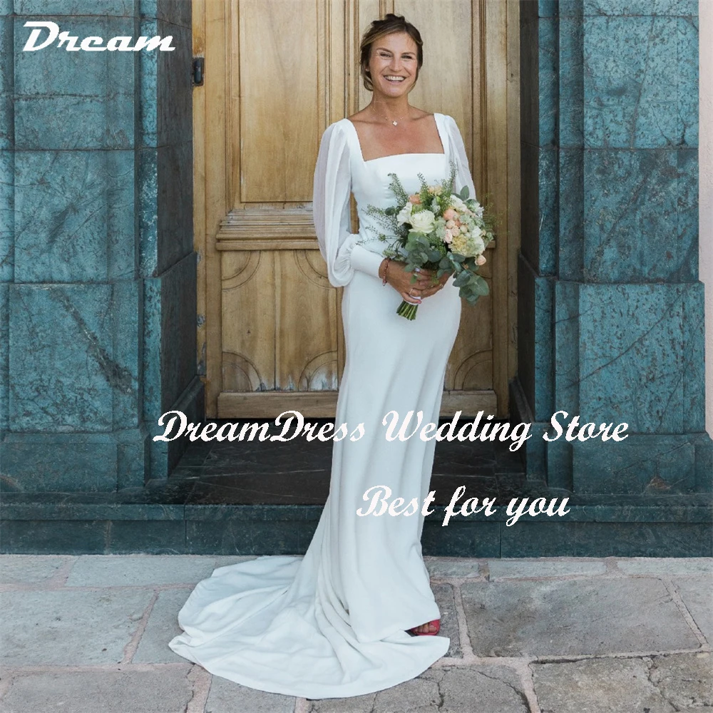 DREAM-vestidos De novia De sirena sencillos personalizados, cuello cuadrado, mangas largas abombadas, vestidos De novia lisos, Vestido De novia con tren De barrido