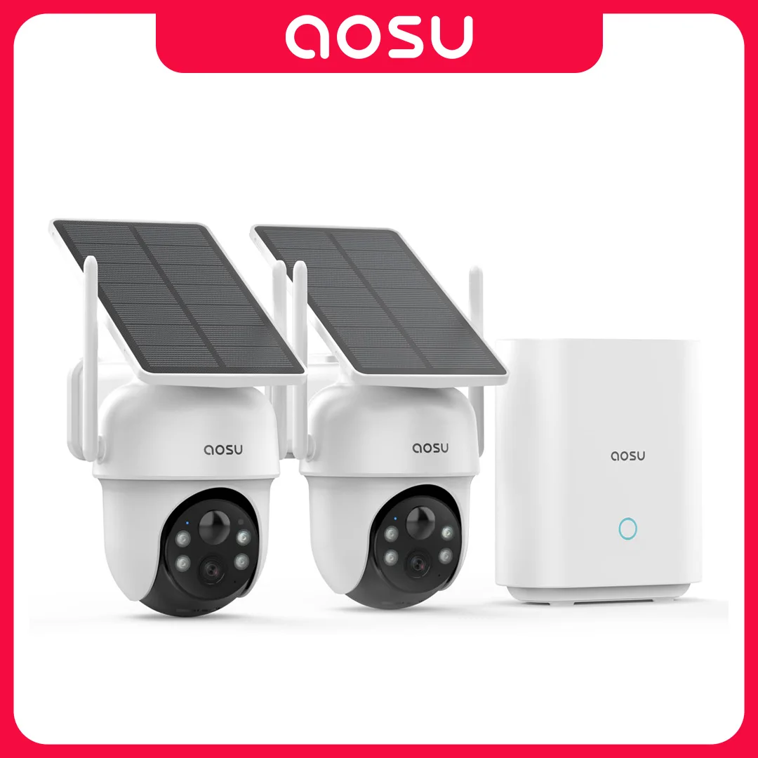 AOSU 3MP Solar Battery Camera System 2 Cam Kit Wireless 360° PTZ Surveillance Wifi Camera Set Include Home Base Support Alex