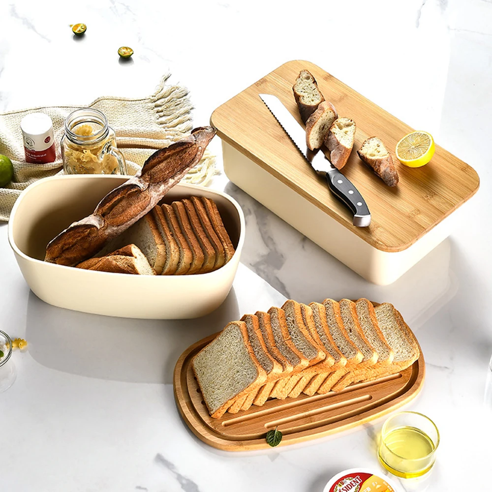 1Pcs Bread Storage Box Storage Container Bread Box Dessert Snack Breadbasket Food Container with Bamboo Lid for Home Kitchen