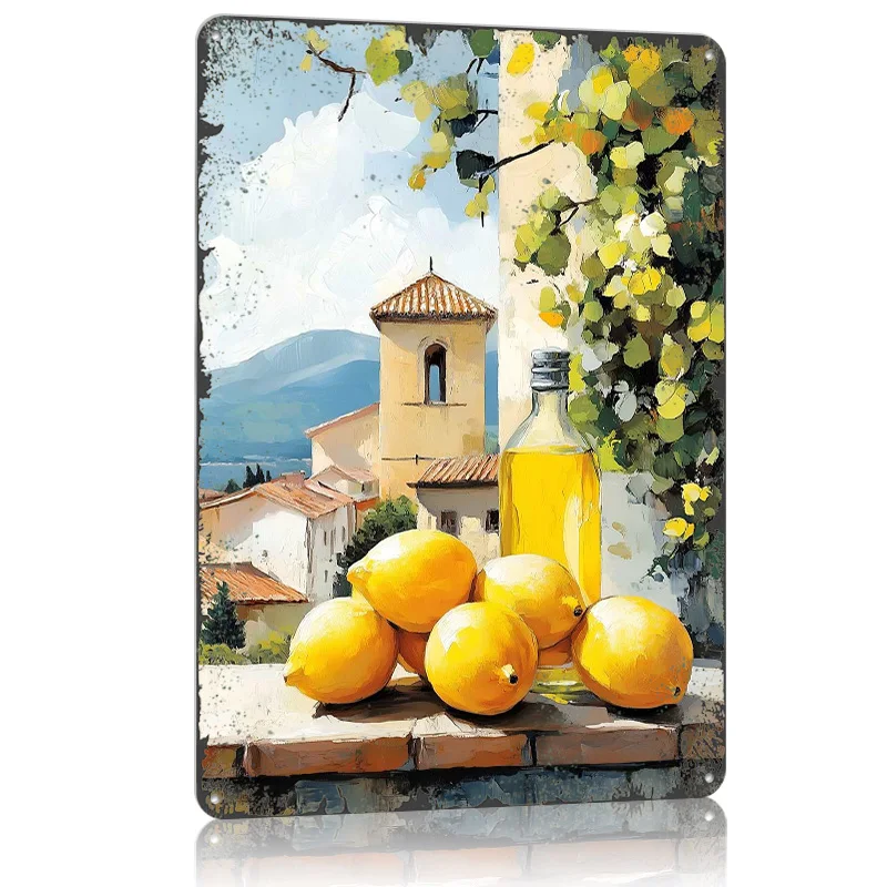 Póster con impresión de aluminio de comida de limones y aceite de oliva de Italia, placa de Metal Vintage, carteles de estaño personalizados para decoración artística de pared Retro