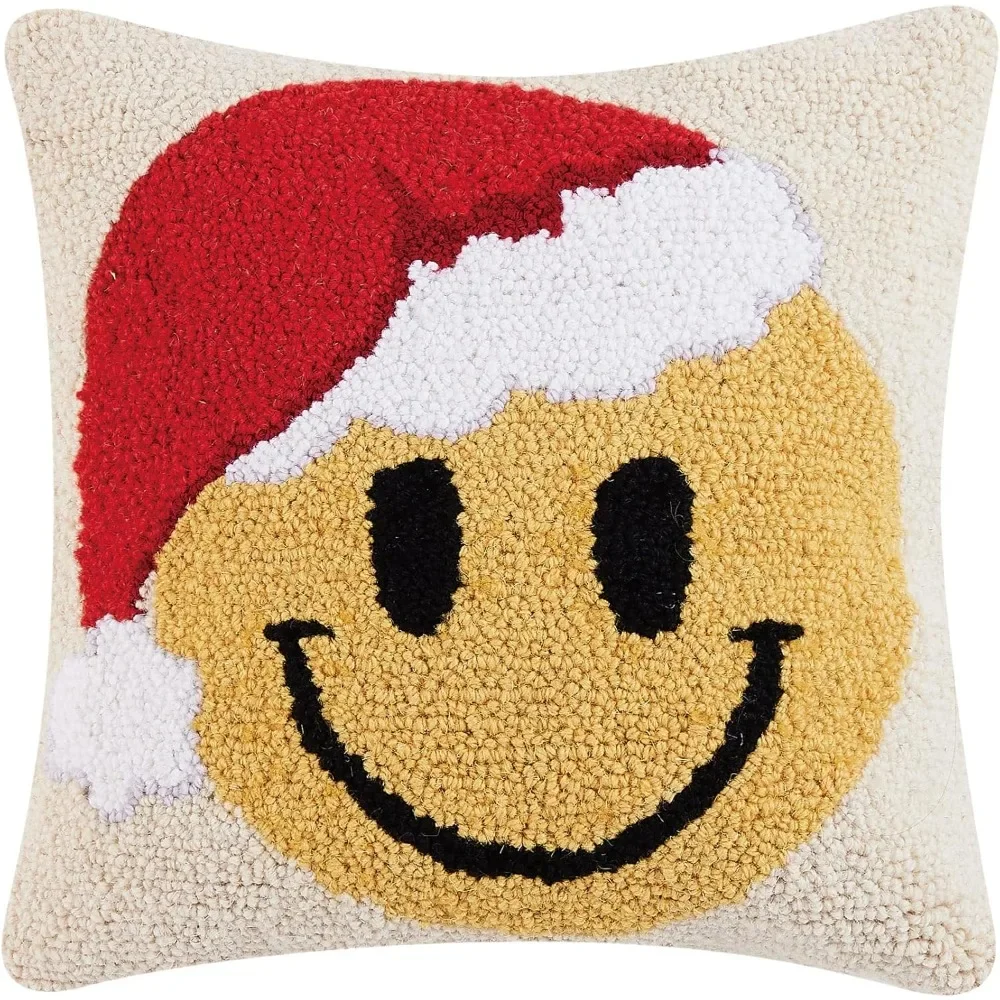 

Santa Smiley Face Christmas Polyfill Hook Throw Pillow, 14-inch Square, Wool and Poly Velvet, Holiday Seasonal Decoration