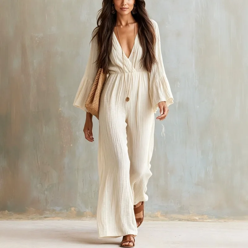 Bohemian-style V-neck Loose Wide-leg Jumpsuit for Women's Autumn Fashion New Long-sleeved Slimming Casual Pants, Elegant Stylish