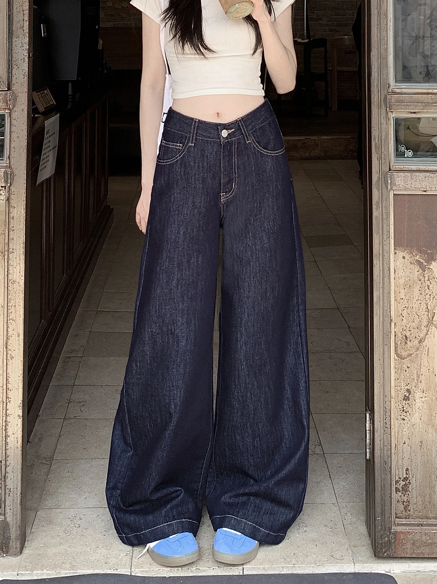 

Deep Blue High Waist Wide Leg Jeans Women's Summer Loose Floor-Length Pants Versatile Long Trousers Trendy Commute Style