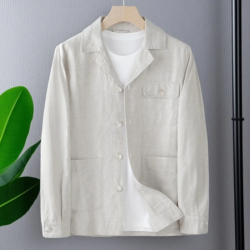 

Льняной костюм для мужчин: тонкий повседневный хлопково-льняной костюм для весны, осени и лета, с кубинским воротником, длинный рукав, для отдыха и работы