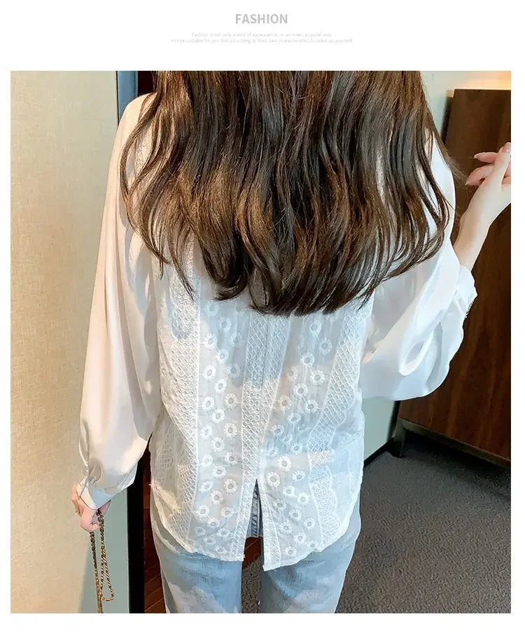 Fashion V-Neck Lace Slit Embroidery Beading Blouses Women\'s Clothing Autumn Oversized All-match Tops Office Lady Shirts X839