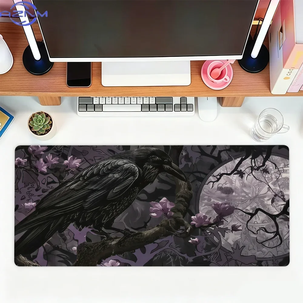 Dark Gothic Raven Purple Floral Art Extended Mousepad, Non-Slip Rubber Base Large Desk Mat, Smooth Surface for Gaming Office Des