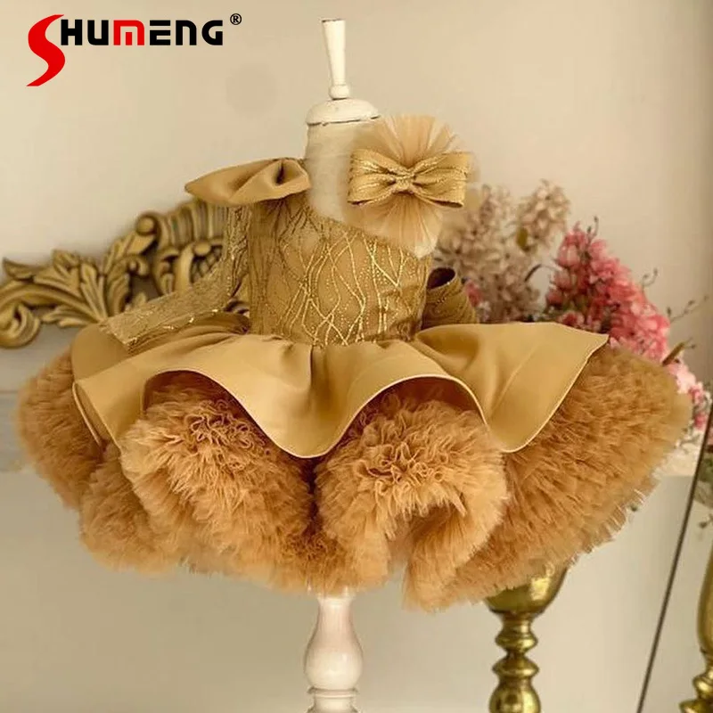 

Новое детское нарядное платье в европейско-американском стиле для девочек: платье принцессы с одним плечом и пышной юбкой для выступлений