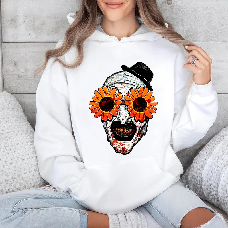 The Clown Sunflower Sunglasses Halloween Print Women\'s Autumn and Winter Hoodies Plus Velvet Sweater Loose Tops