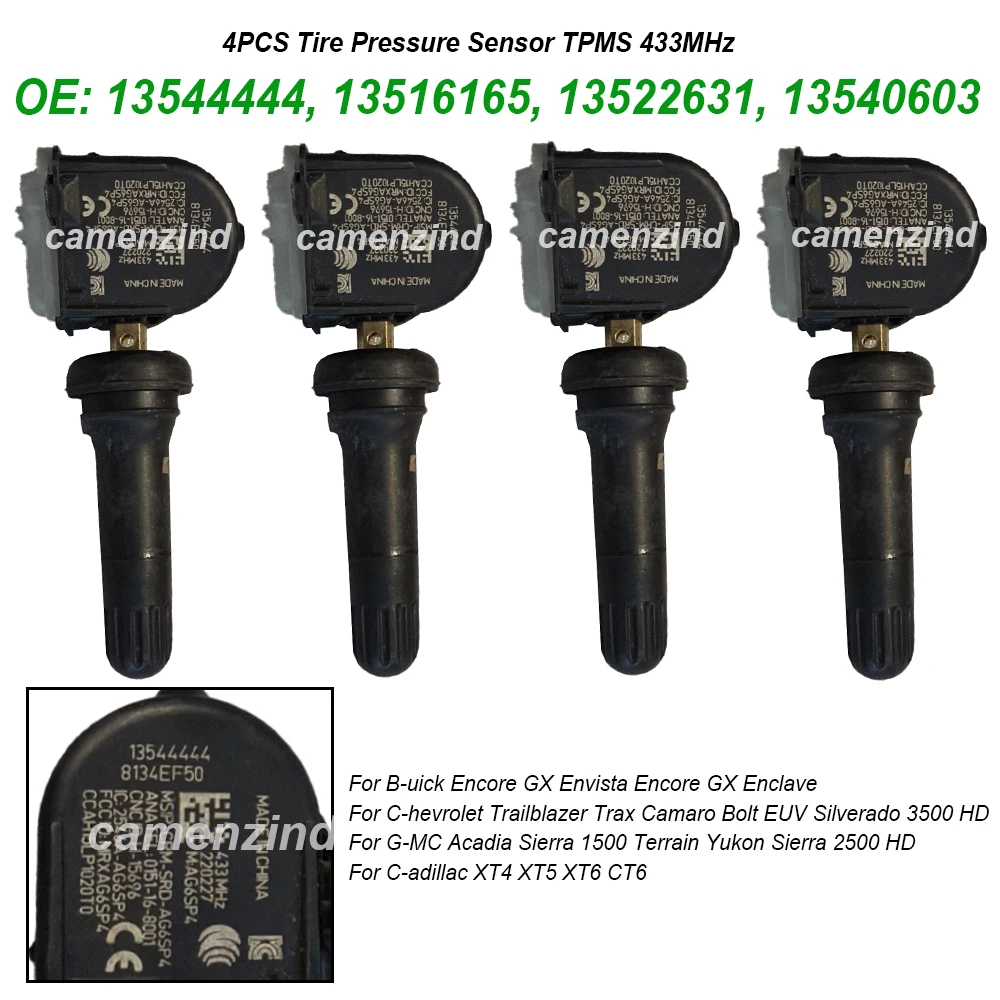 

4PCS 13544444 13516165 13522631 13540603 13544442 13522955 Tire Pressure Sensor TPMS 433MHz For GMC Sierra 2500HD/3500HD 1500