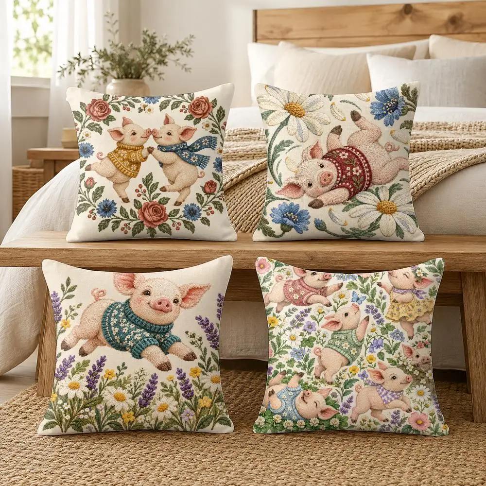 Floral Pig Animal Cushion Cover Soft Short Plush Pillow Cases Hidden Zipper Cutecore Sofa Bedroom Home Decor Gift