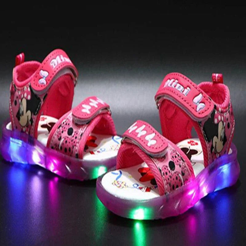 Sandalias con luz Led para niña, zapatos deportivos de dibujos animados de Disney, Minnie Mouse, suaves e informales, para fiesta de princesa y playa