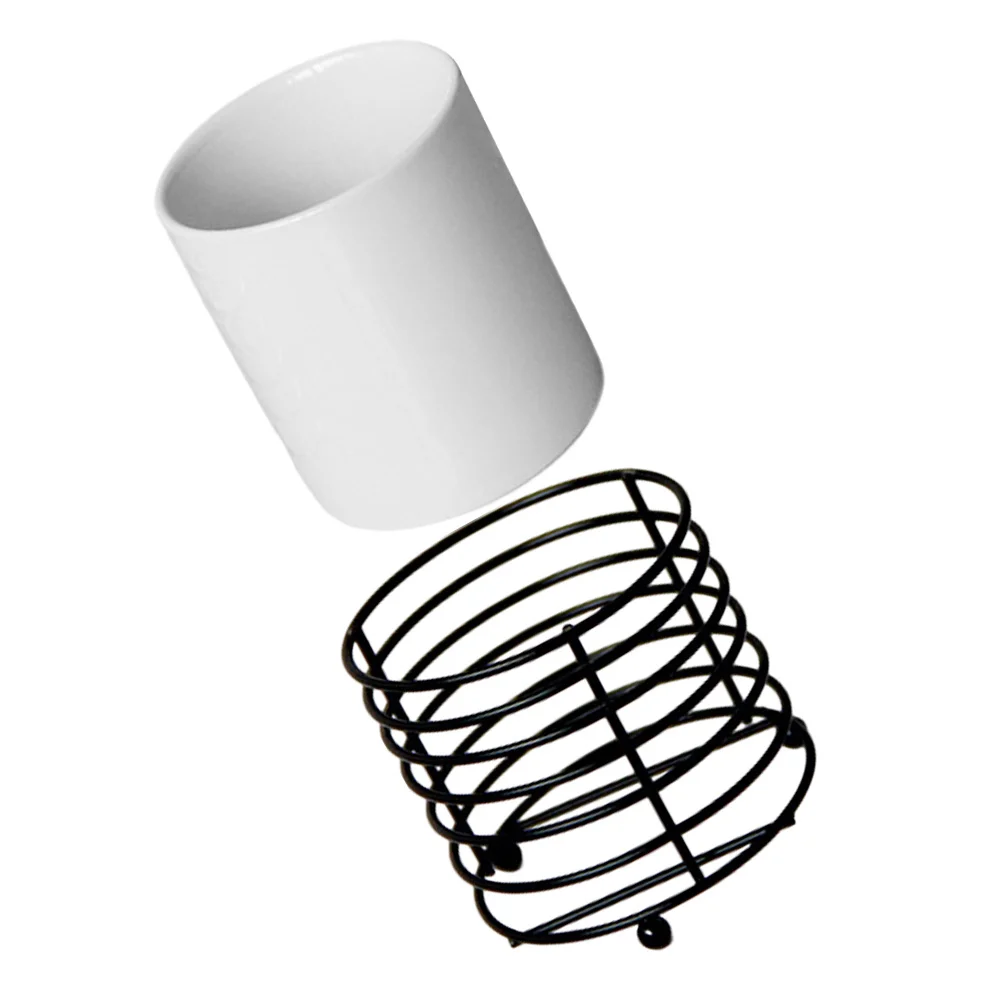 حامل فرشاة مكياج من السيراميك مع حامل حديدي لكوب القلم الرصاص ومنظم سطح المكتب وحامل القلم وحاوية تخزين للوازم المكتبية