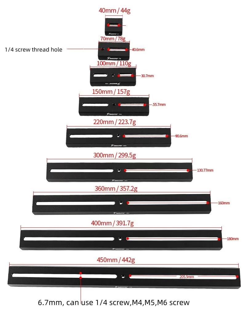 Piastra a coda di rondine 40/70/100/150/220/300/360/400/450mm per cannocchiale guida telescopico