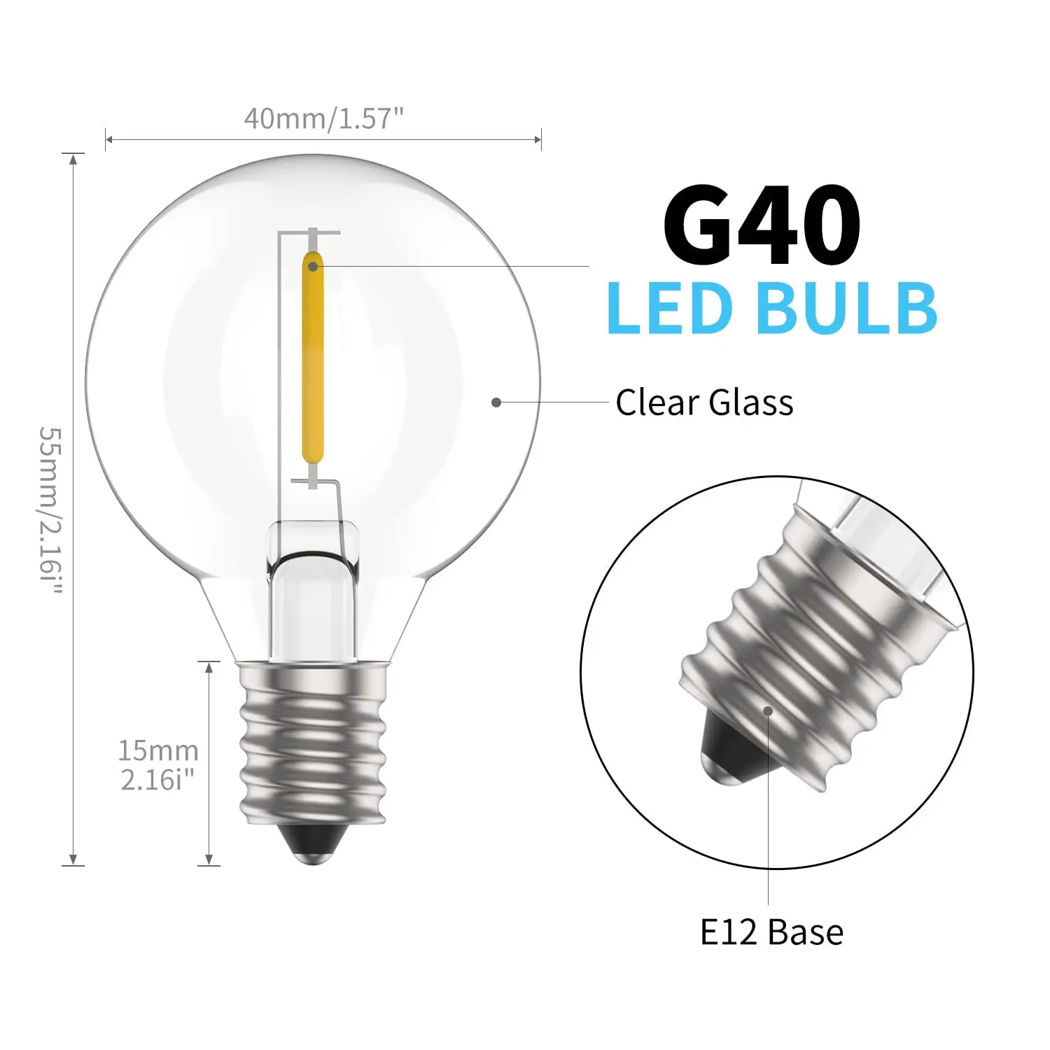 Ampoule LED G40 à Base E12, Lampe à Filament en Plastique l\'horloge, DC 3V, 1W, Globe Blanc Chaud de Remplacement pour Guirxiété Solaire