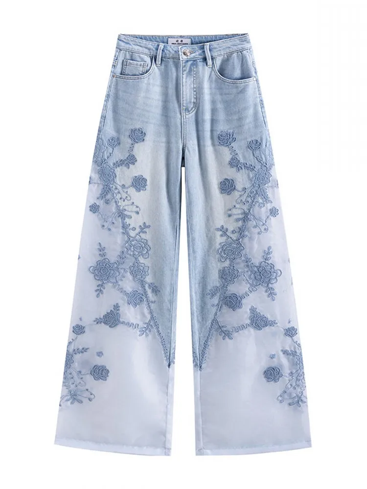 Fashion Designer Women Jeans Spliced Transparent Guaze Floral Embroidery Long Pants High Quality Loose Fit Wide Leg Denim Pants