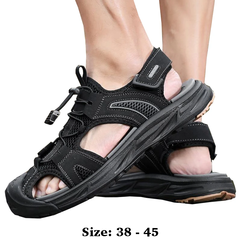 

High quality leather flat sandals for men round toes new summer 2025 size 44 45 casual outdoor walking big size shoe black khaki