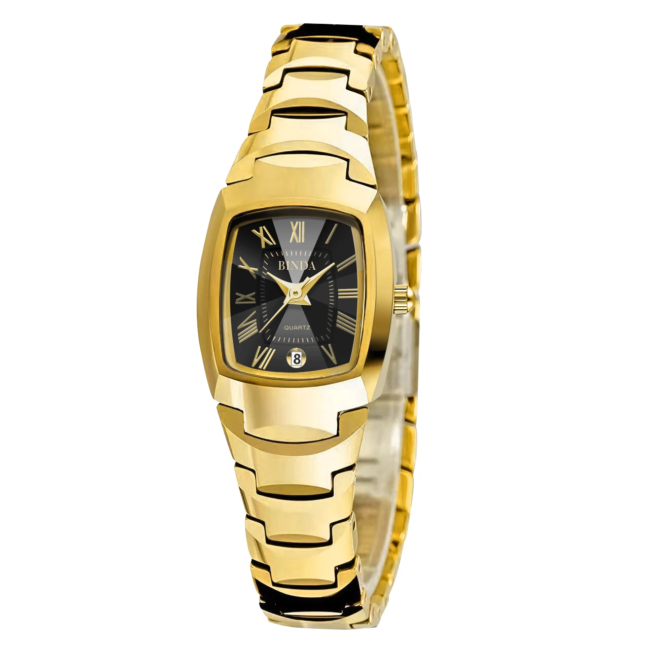 Binda Relógio de quartzo feminino luxuoso dourado e preto, estilo retrô elegante, relógio de pulso com pulseira de negócios da moda
