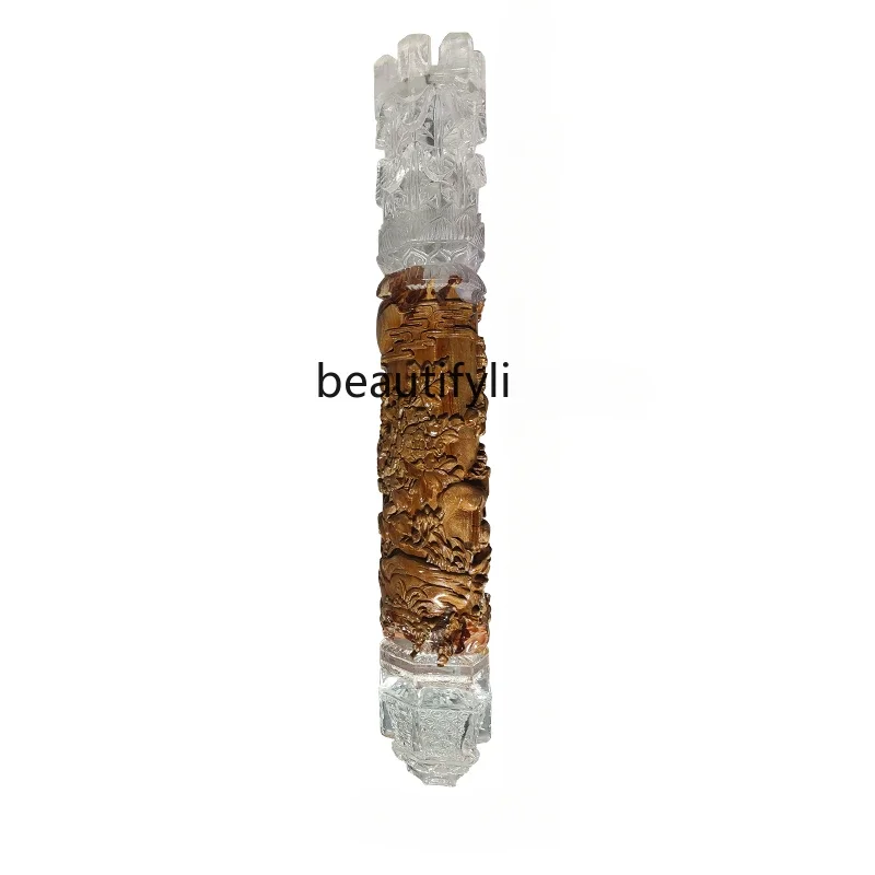 

Chinese wood carving pillar transparent resin pendant hanging sky hotel lobby living room entrance decoration