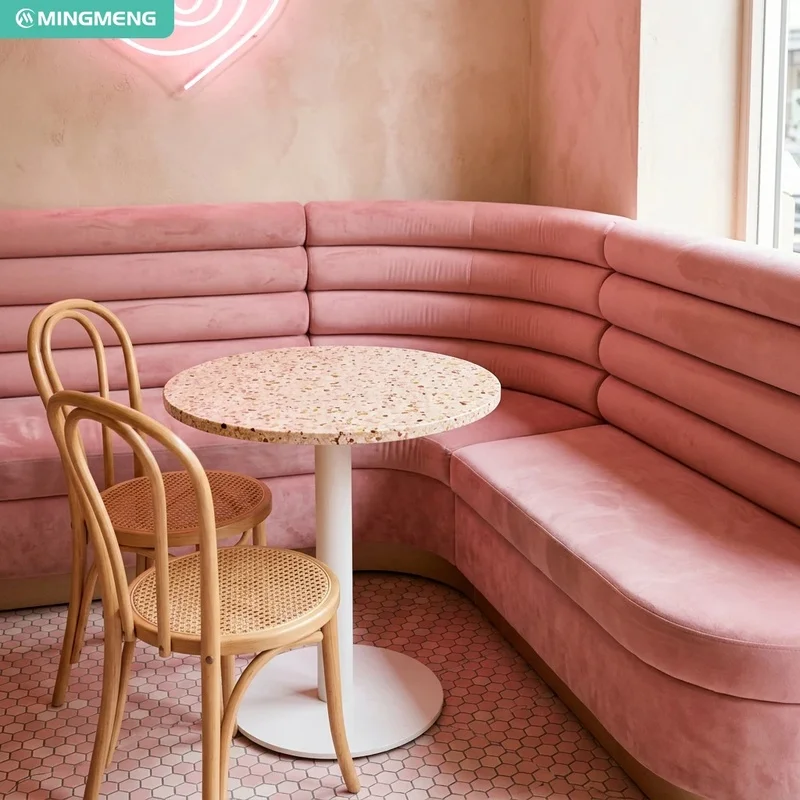 Modern Sweet Dessert Cafe Furniture Terrazzo Top Round Table Dining Chair Pink Booth Bench for Ice Cream Shop