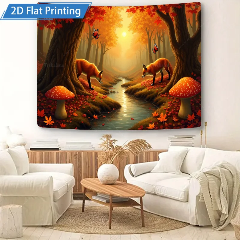 قطعة واحدة من نسيج الجدار لثعالب غابة الخريف - مشهد الطبيعة مع الفطر والفراشات