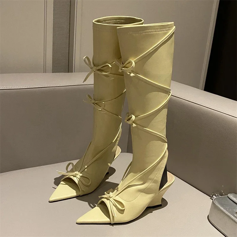 Eilyken Design Butterfly-knot Knee-High Women Boots Sandal Sexy Pointed Peep Toe Wedges Heels Hollow Out Long Shoes