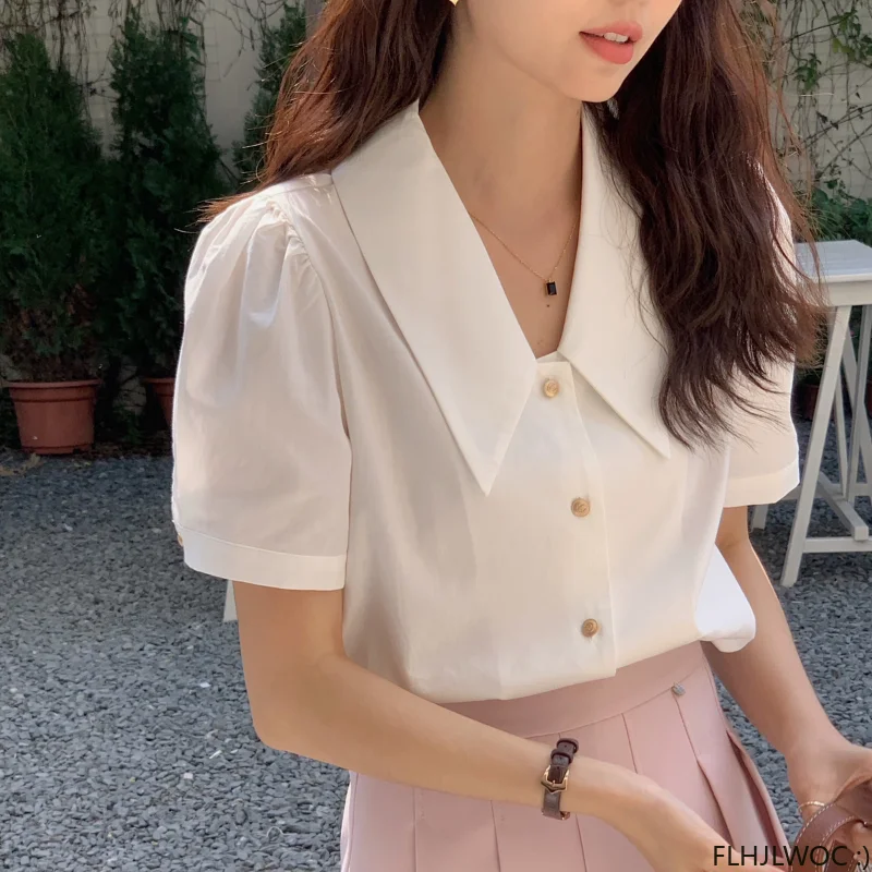 2023 New French Style Blue White Solid Tops Blouses Cute Girls Office Lady Single-Breasted Button Shirts Chic Korea Clothes