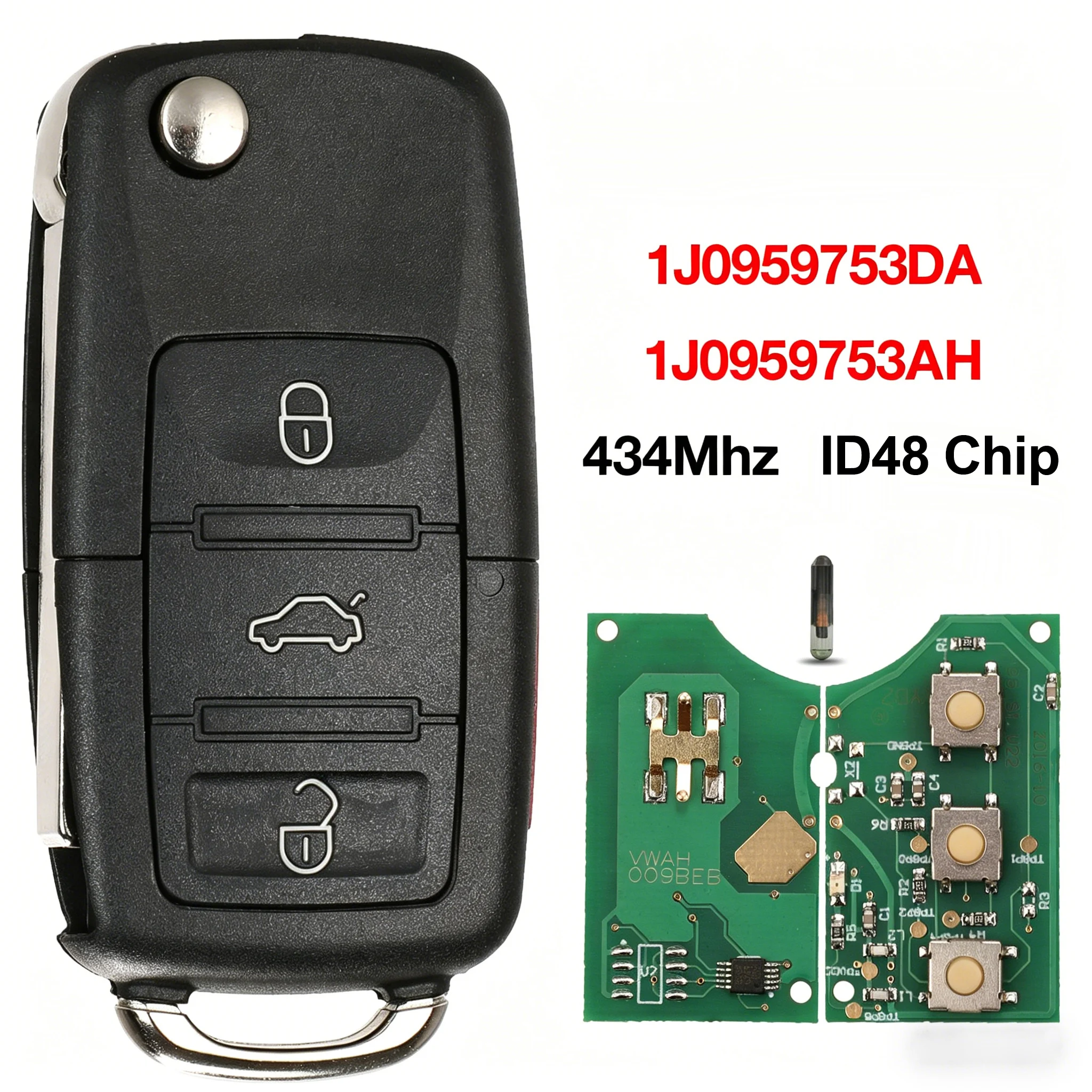 

3 Button Flip Remote Car Key 434MHz ID48 Megamos Chip 1J0959753G/DA/AH HU66 For VW Beetle Golf Mk4 Passat Skoda Fabia Seat Leon