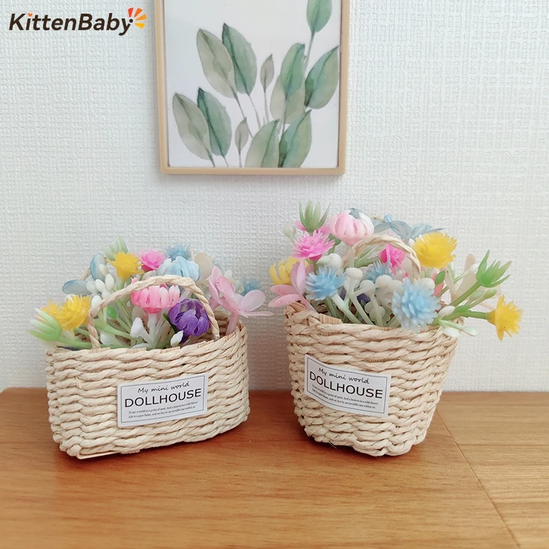 인형 집 손으로 짠 등나무 바구니 쇼핑 바구니 빨대 핸드백, 인형 집 직조 비치 가방, 미니어처 장식, 1 개