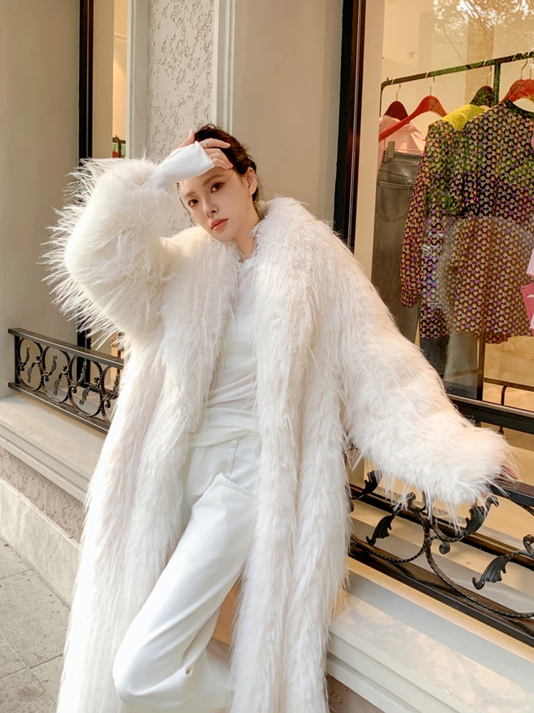 Lady Winter Lapel Faux Fur Coat Stylish Long Jacket Female Streetwear Women\'s Clothing Performance Costume Promotion