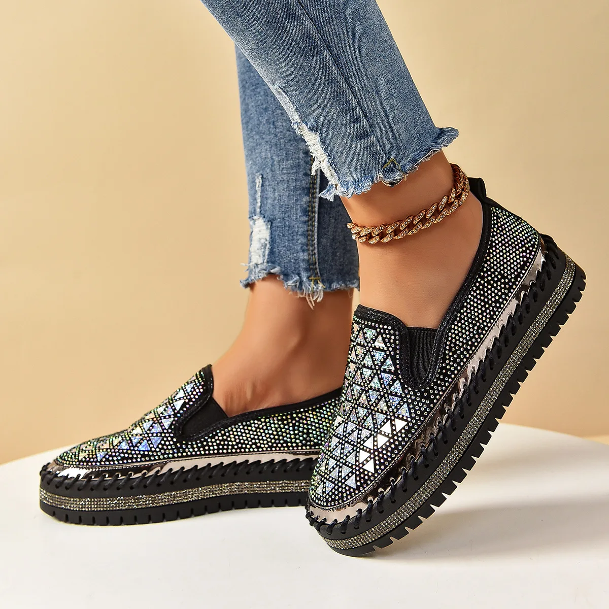 حجم كبير 45 امرأة منصة المتسكعون موضة الراين جولة تو كعوب منخفضة حذا فردي للسيدات الربيع/الخريف مريحة حذاء رياضة مسطح