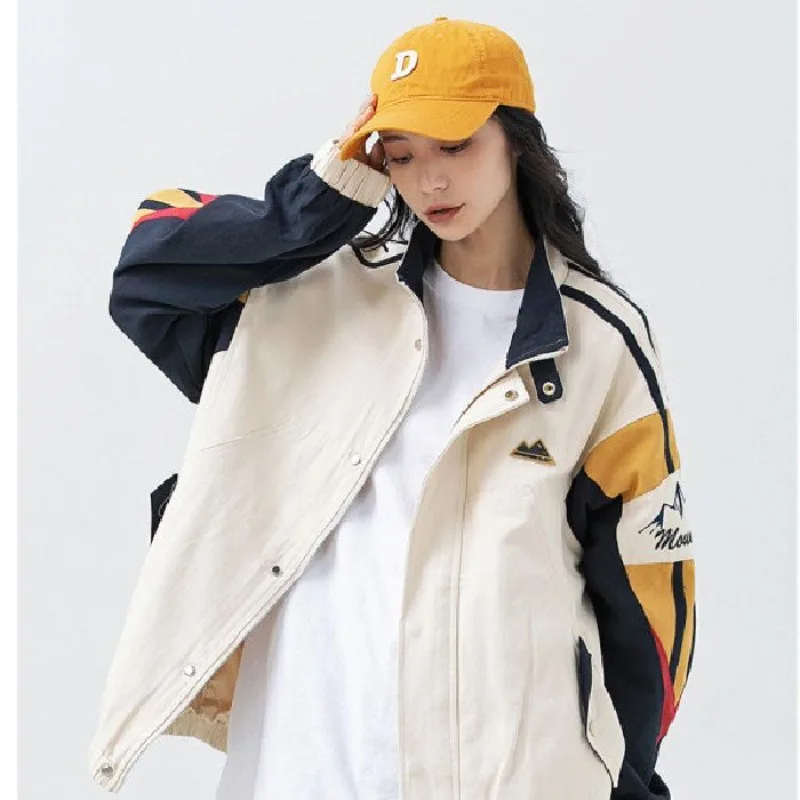 Embroidery American Hip Hop Bomber Jackets Vintage Outdoor Color Block Jacket Men Couples Mountain Graphic Stand Collar Casual
