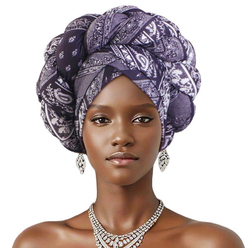 Women Elastic African Print Twisted Braid Turban Hat Lightweight Bonnet Unisex Hijab Head Scarf Chemo Hats Lady Party Headpiece