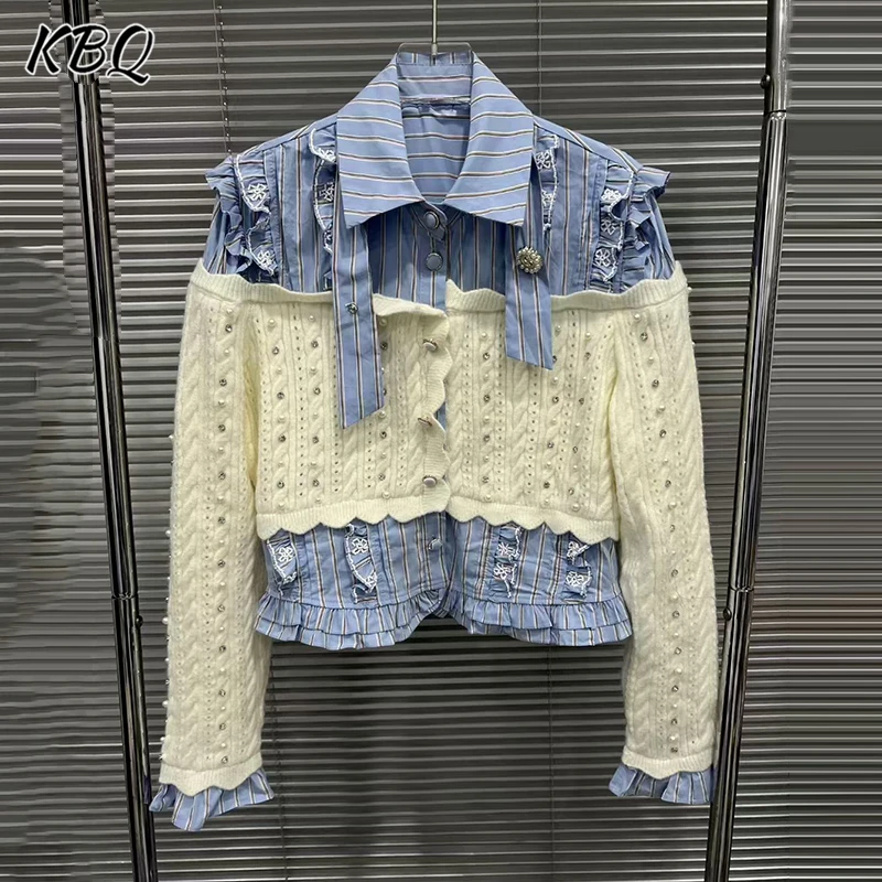 

KBQ Temperament Spliced Button Slimming Shirts for Women Lapel Long Sleeve Patchwork Knitting Shirts Female Fashion Sweet New