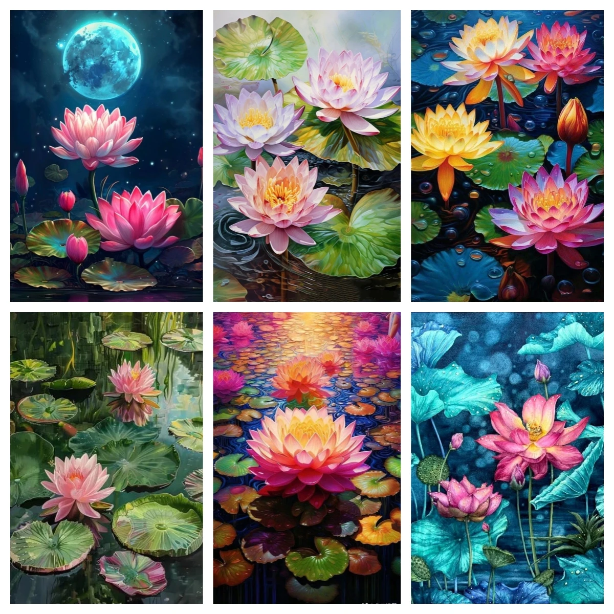 

Diamond Painting Kit Square Round Drill Water Lilies Lake Poster DIY Cross Stitch Embroidery Botanical Art for Adult Gift Decor