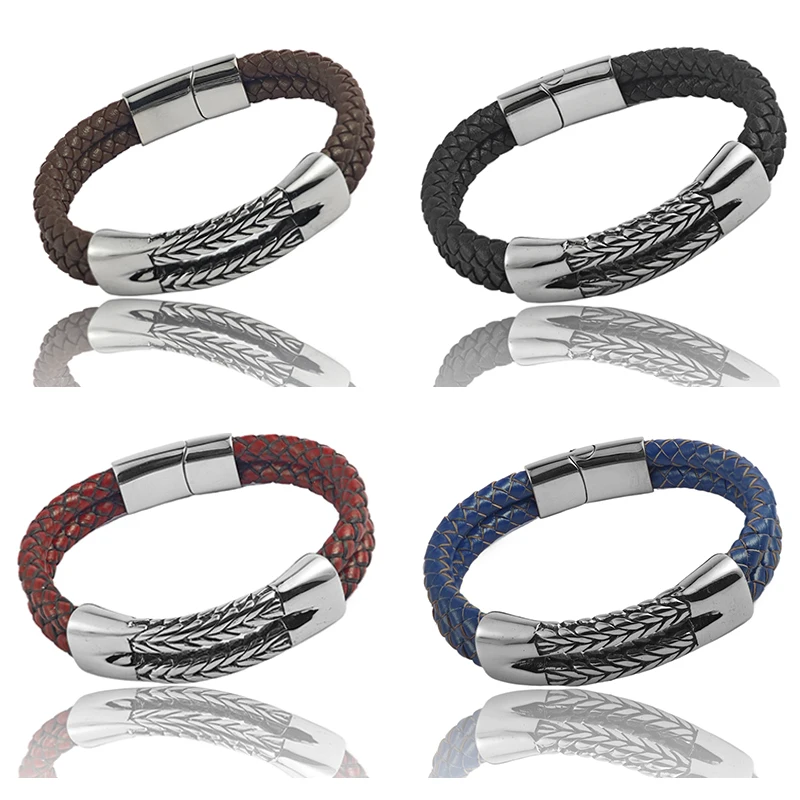 Luxuriöses Retro Doppel-Lederarmband für Herren Kubanische Kornstruktur Ohrförmige Kette Armband Edelstahl Schmuckarmband Geburtstagsgeschenk – Detail 8