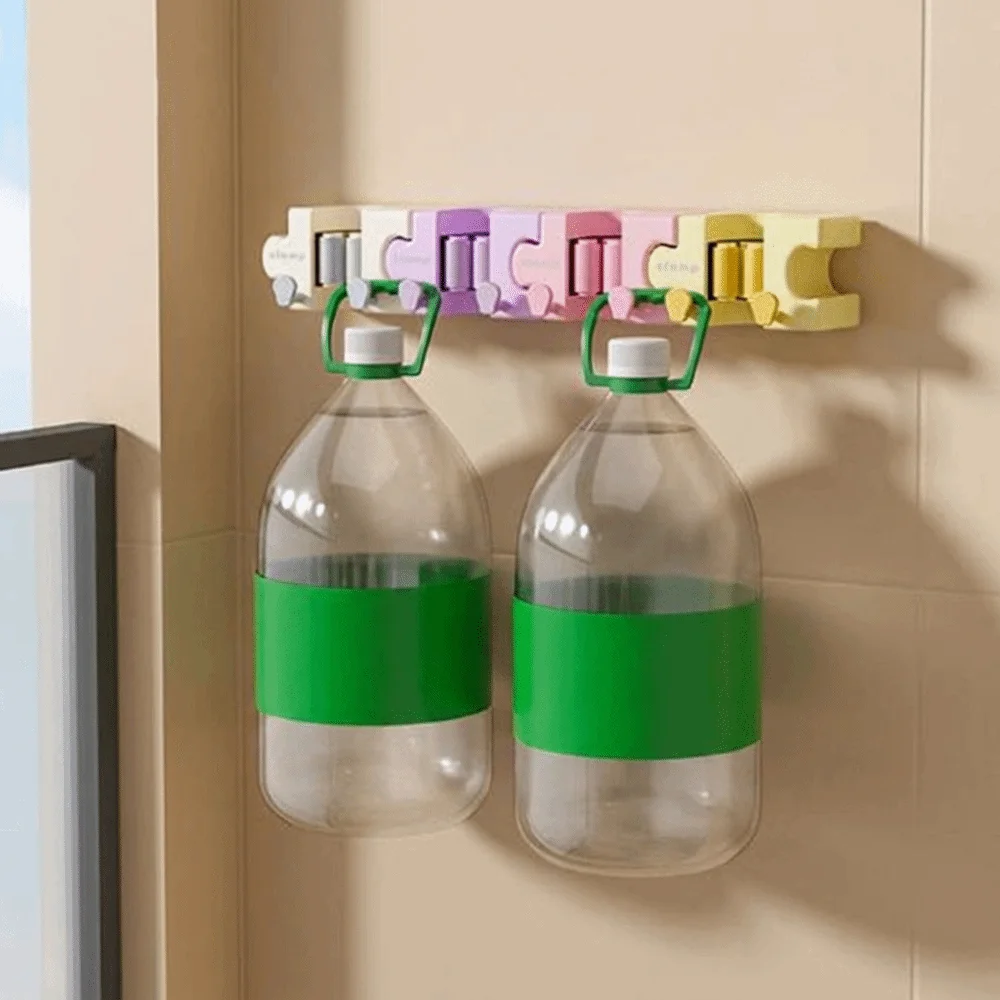 No Drill Puzzle Splicing Mop Broom Holder Wall Mounted Self Adhesive Macaron Mop Clip Space Saving with Hooks Macaron Mop Holder