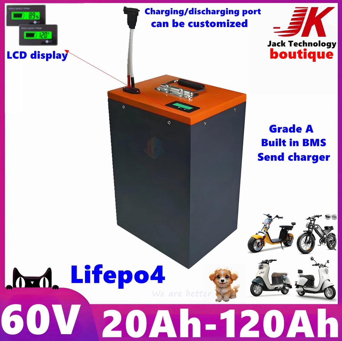 

JK 60V 60Ah 80Ah 30Ah 40Ah 100Ah 150Ah 120Ah lifepo4 Lithium battery+Bluetooth APP BMS，for Scooter Forklift，EV,tricycle+charger