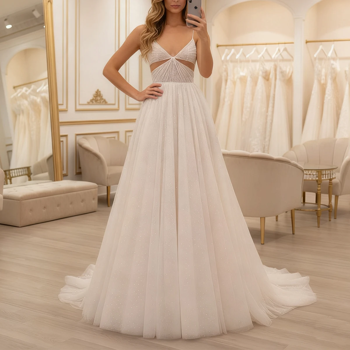 

Simple V Neck Tulle Ball Gown Wedding Dresses For Women Puffy Long A Line Bridal Party Gown With Bow Vestidos Novia