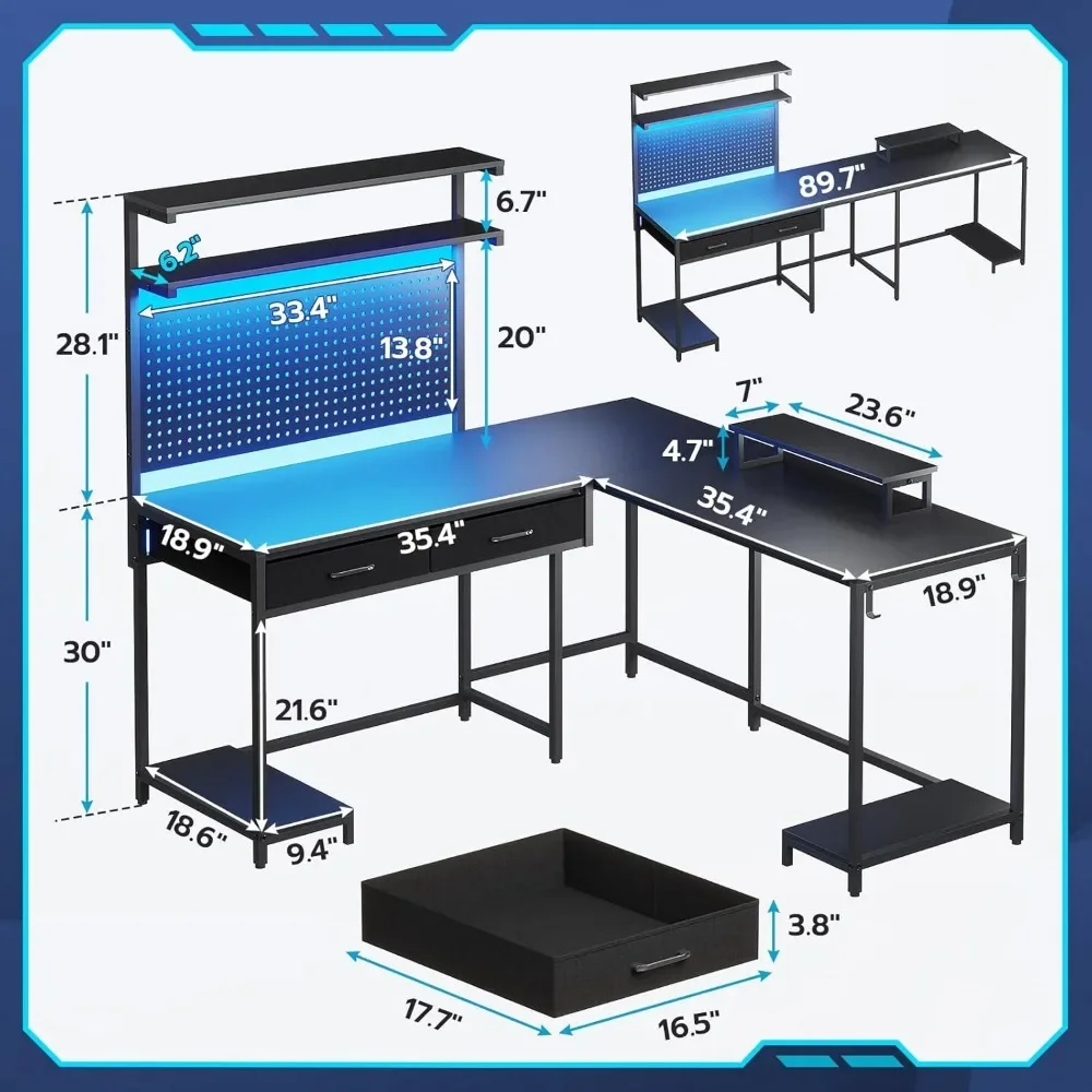 Bureau de jeu en forme de L avec lumières LED, bureau d'ordinateur avec support de moniteur, panneau perforé et égouts de proximité, huche