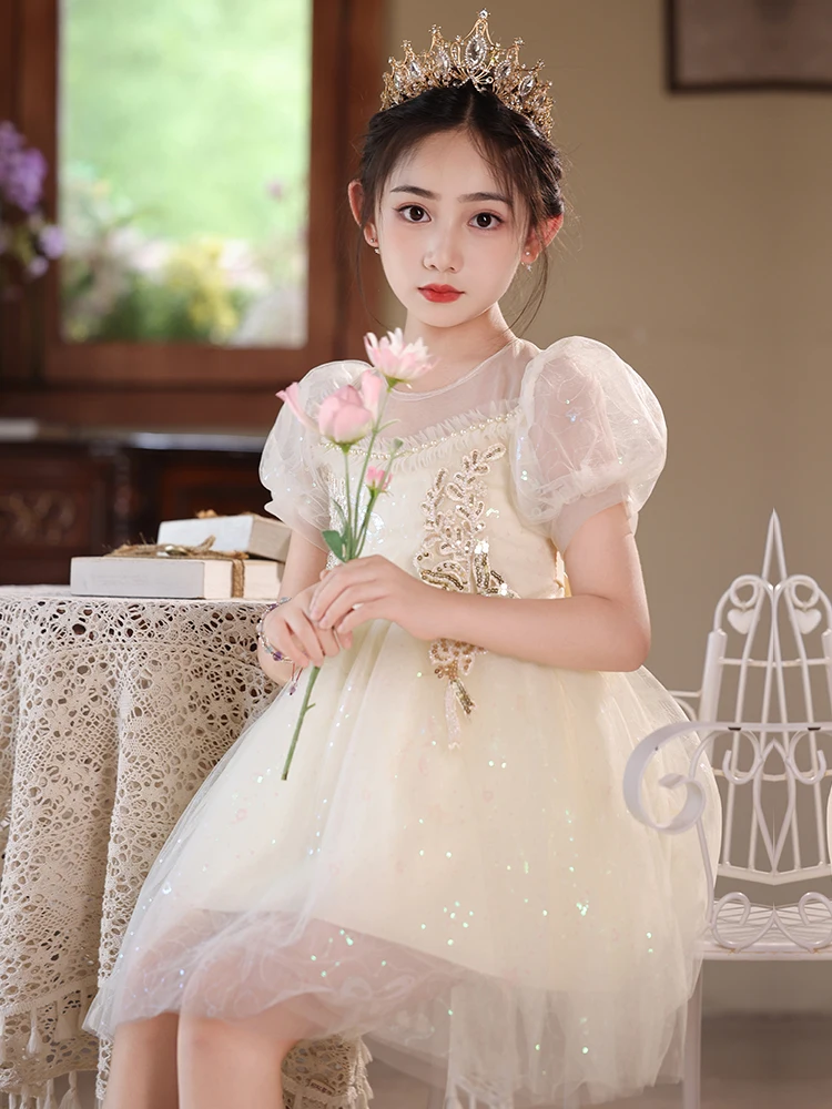 Vestido Infantil Estilo Princesa de Verão com Saia Rodada de Cintura Alta para Meninas, Vestido de Dama de Honra Infantil em ...