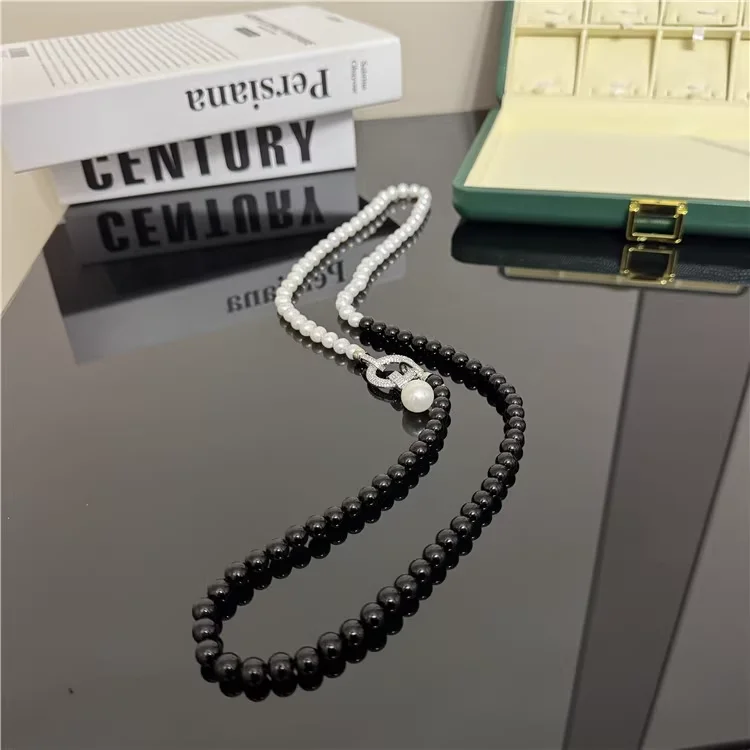 Natural freshwater pearl black agate necklace