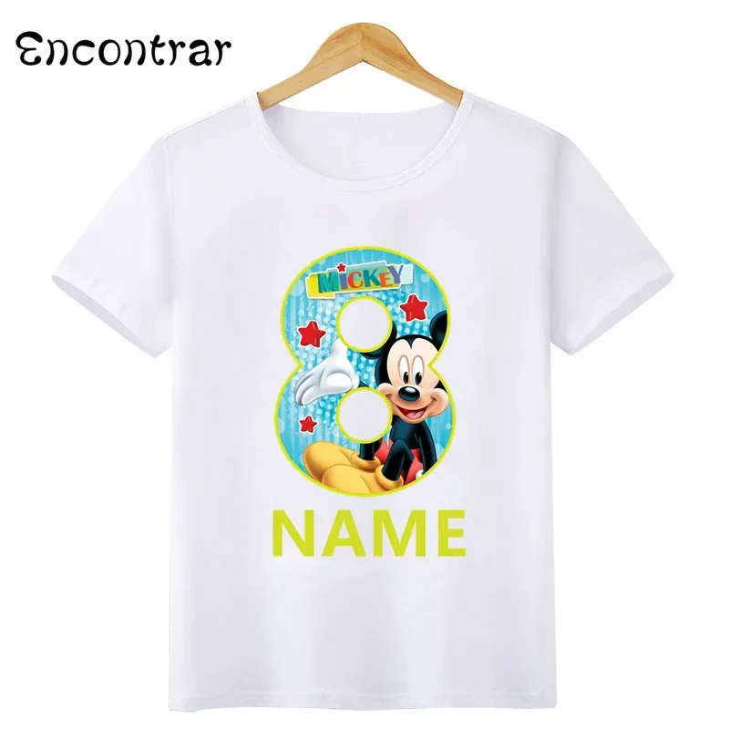 Disney-Mickey Mouse Number Bow Graphic T-shirt, roupas infantis, 1, 2, 3, 4, 5, 6, 7, 8, 9 Years Birthday Party Tops