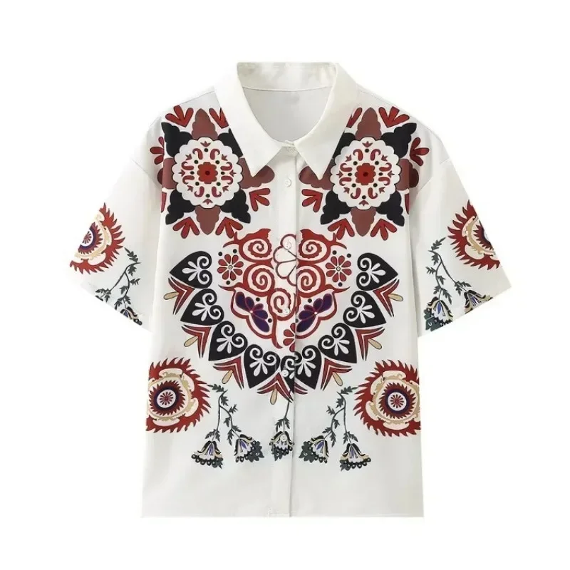 طقم بنطال مطبوع بأكمام قصيرة للنساء ، نمط عطلة مشهور ، كاجوال وعصري ، زر