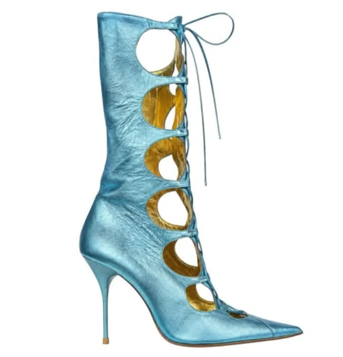 Blue metallic gladiators hollow out booties women's lace up leather pointed toe sharp stilettos ankle boot designer party shoes